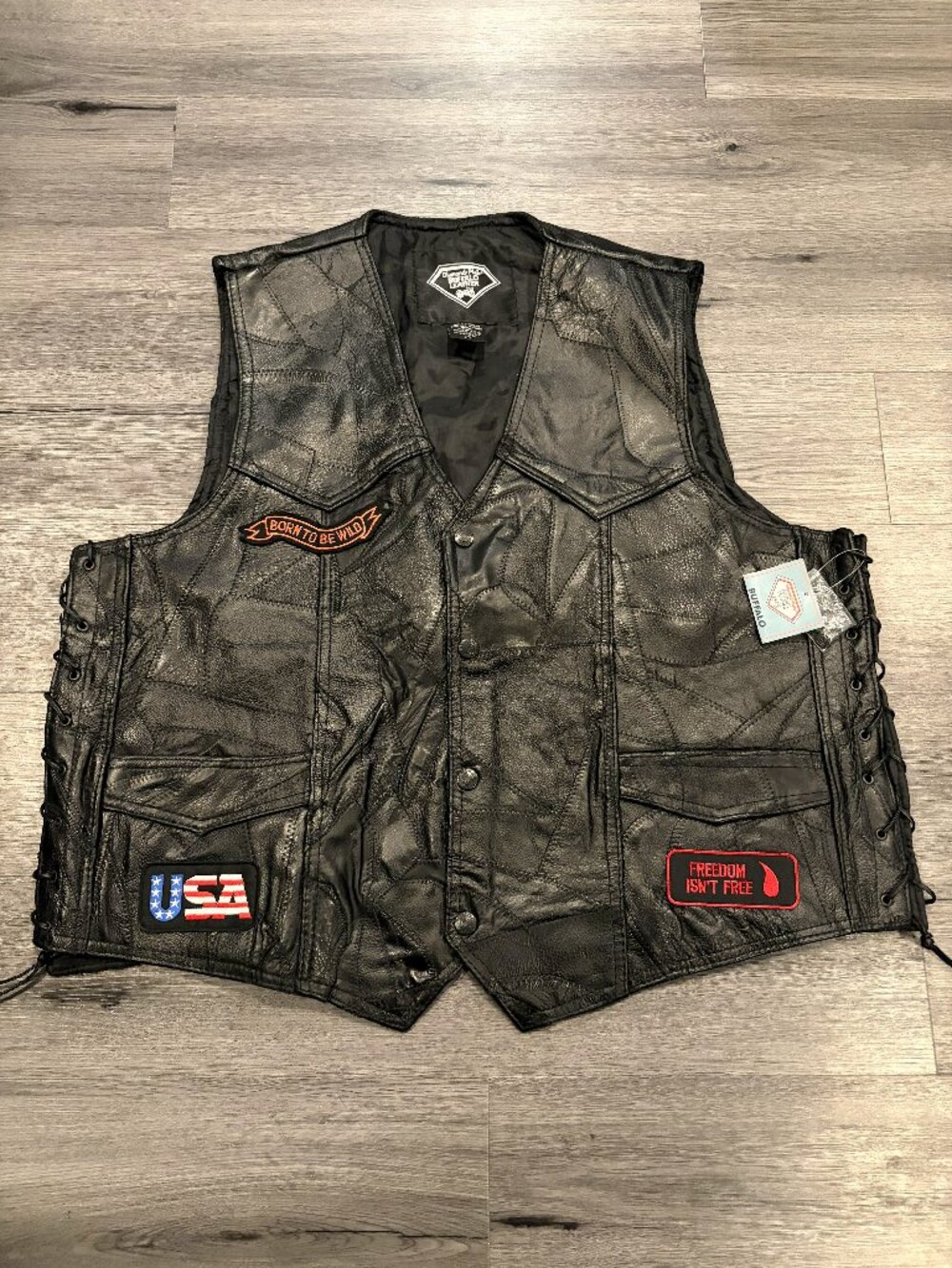 Diamond Plate Buffalo Leather biker vest black leather with patches 2XL NWT